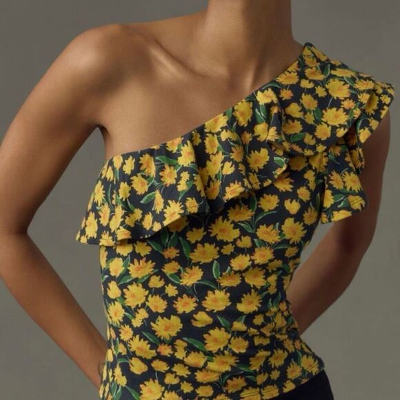 Anthropologie Maeve Sunflower Print Ruffled One Shoulder Top NWT Size Medium - Picture 1 of 7